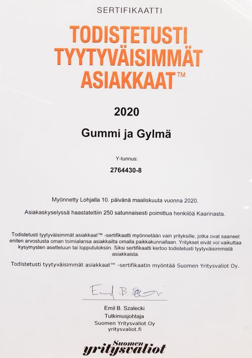Gummi ja Gylmä Oy:lle myönnetty sertifikaatti hyvästä asiakaspalvelusta